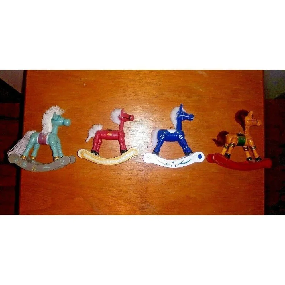Vintage Wooden Rocking Horses Handcrafted Miniature w/ Yarn Mane Set of 4 RARE